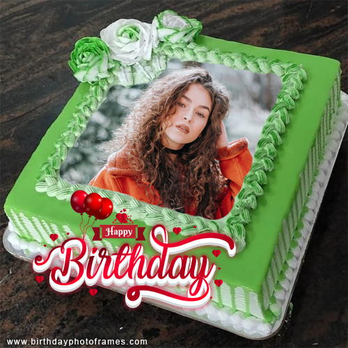 Happy Birthday Green greeting cake with photo